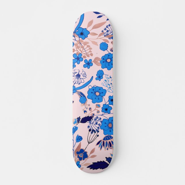 Pretty Azure Blue Blush Pink Floral Illustration Skateboard (Front)