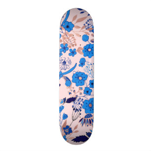 Pretty Azure Blue Blush Pink Floral Illustration Skateboard