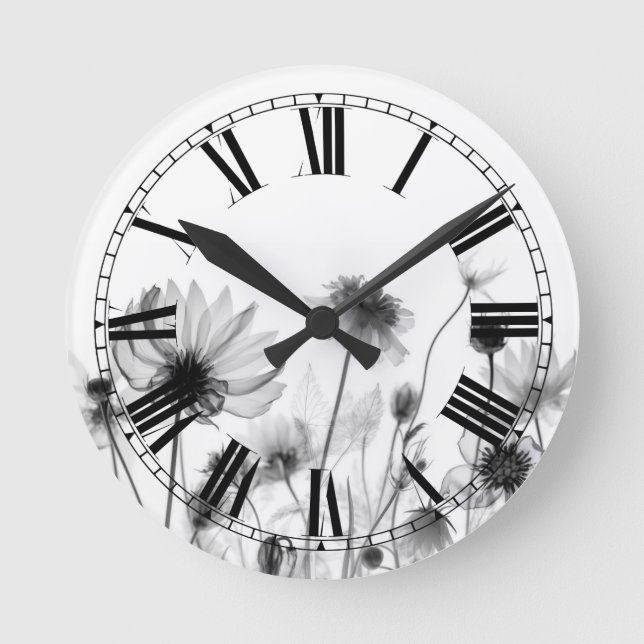 Pretty B&W X-Ray Wildflowers Round Clock (Front)
