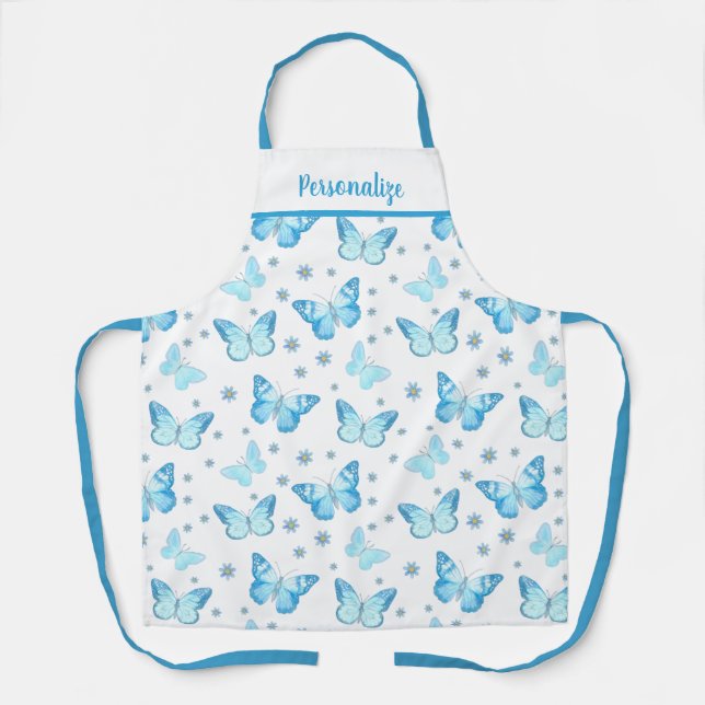 Pretty Baby Blue Butterfly Floral Pattern Design Apron (Front)