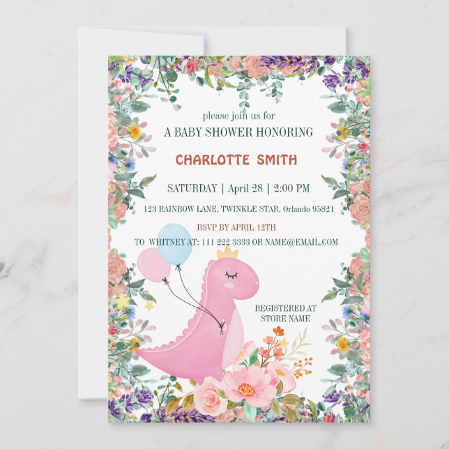 Pretty  Baby dinosaur crown balloon gradient flora Invitation (Front)