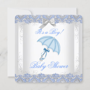 Pretty Baby Shower Boy White Silver Lace Blue Invitation