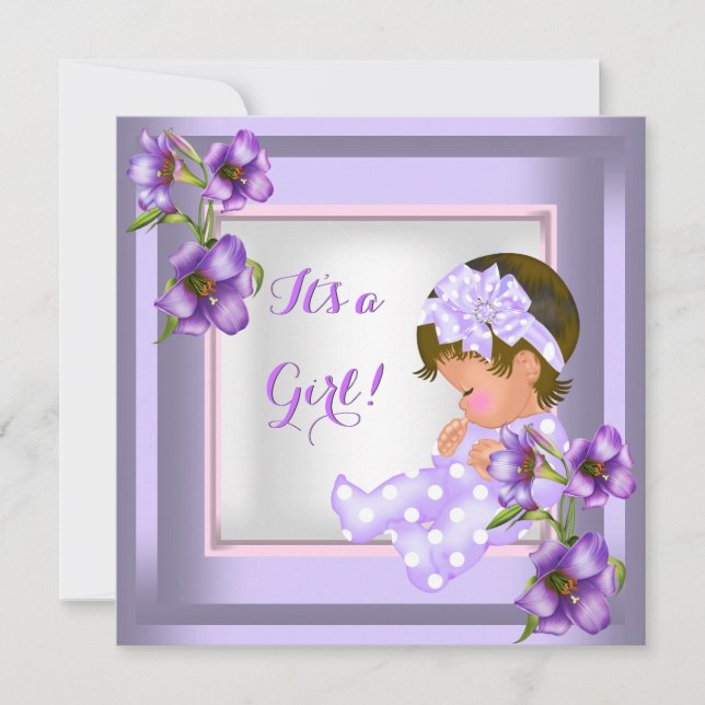 Pretty Baby Shower Cute Baby Girl Purple Floral Invitation (Front)