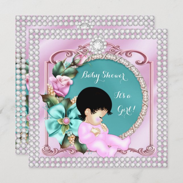 Pretty Baby Shower Floral Teal Pink Brunette Baby Invitation (Front/Back)