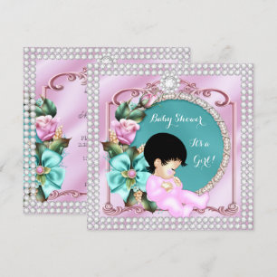 Pretty Baby Shower Floral Teal Pink Brunette Baby Invitation