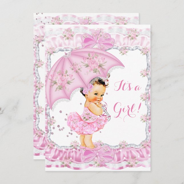 Pretty Baby Shower Girl Floral Pink Brunette Invitation (Front/Back)