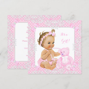 Pretty Baby Shower Girl Lace Pink Bear Blonde Baby Invitation