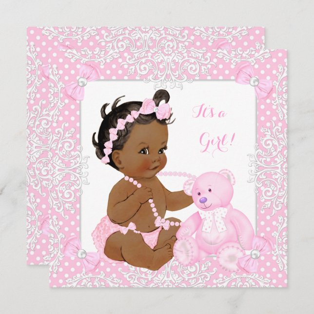 Pretty Baby Shower Girl Lace Pink Bear Ethnic Invitation (Front/Back)