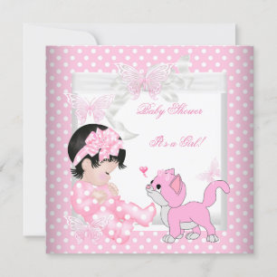Pretty Baby Shower Girl Pink Spot Kitten 3CC Invitation