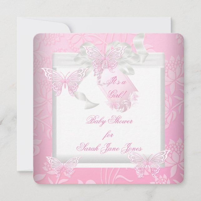 Pretty Baby Shower Girl Pink White Butterfly Invitation (Front)