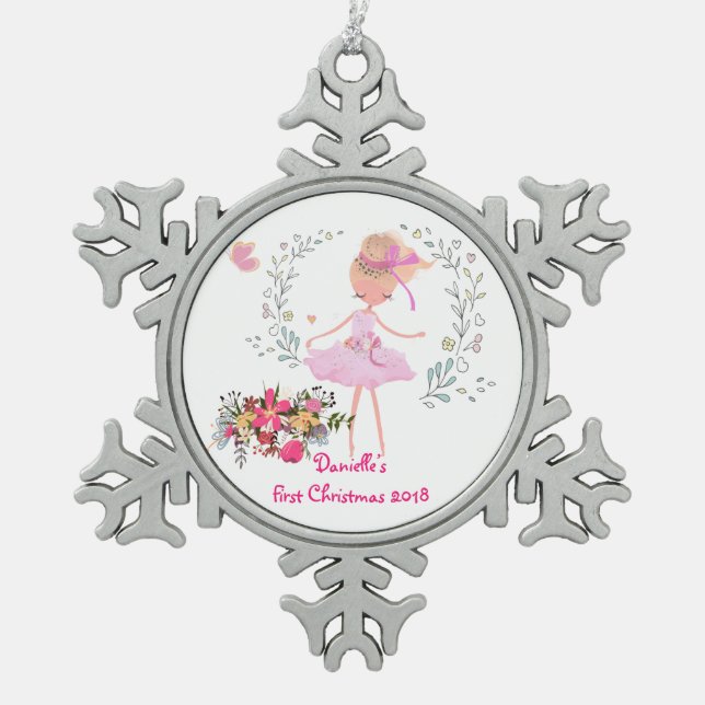 Pretty Ballerina Design Baby First Christmas Snowflake Pewter Christmas Ornament (Front)