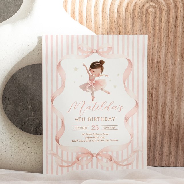 Pretty Ballerina Pink Bow Ribbon Ballet Birthday Invitation (Creator Uploaded)