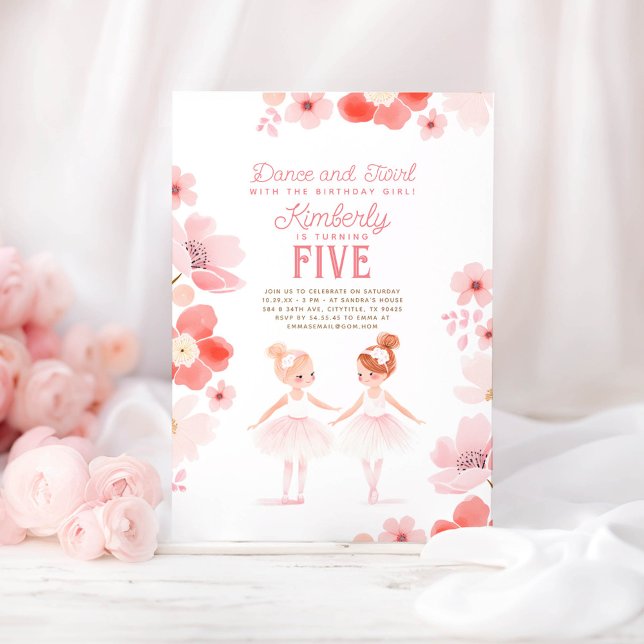 Pretty Ballerinas Ballet Floral Birthday Party Invitation (Ballerina Pretty Birthday Invitations)
