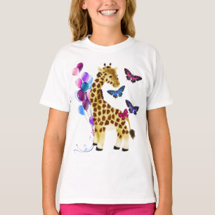 Pretty Balloons, Butterflies & Cute Giraffe White T-Shirt