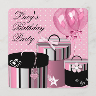 Pretty Balloons Gift Pink and Black Birthday Party Invitation