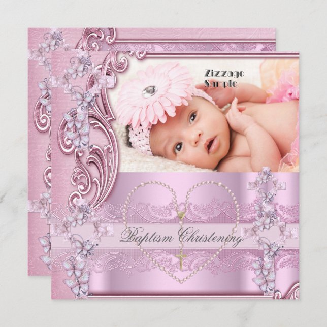 Pretty Baptism Pink Girl Photo Butterfly Cross Invitation (Front/Back)