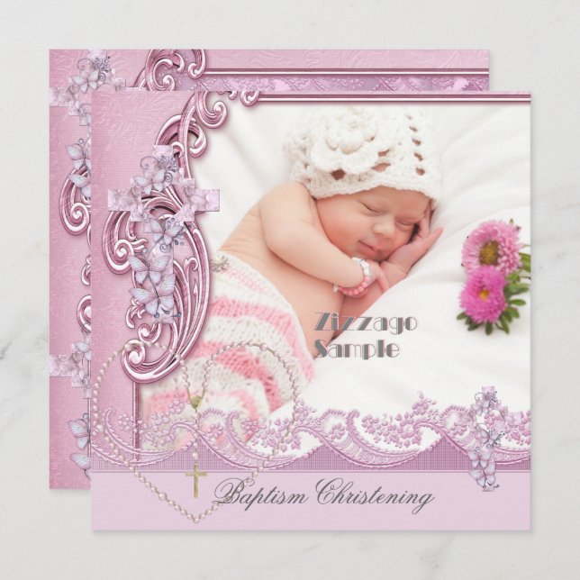 Pretty Baptism Pink Girl Photo Butterfly Lace Invitation (Front/Back)