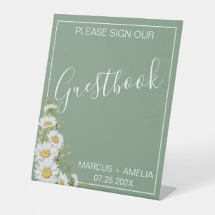 Pretty Basil Green & White Daisies Guestbook Pedestal Sign