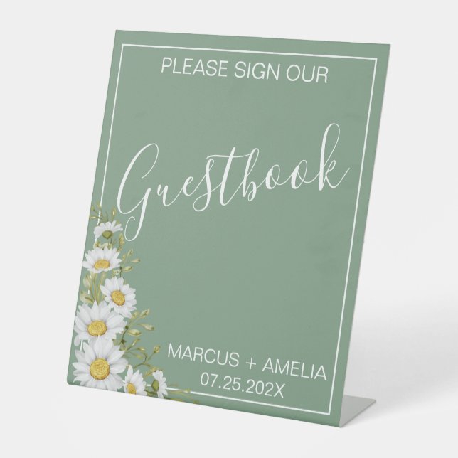 Pretty Basil Green & White Daisies Guestbook  Pedestal Sign (Front)