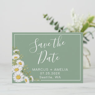 Pretty Basil Green & White Daisies Save The Date