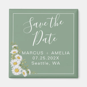 Pretty Basil Green & White Daisies Save The Date Magnet