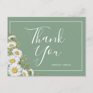 Pretty Basil Green & White Daisies Thank You Postcard