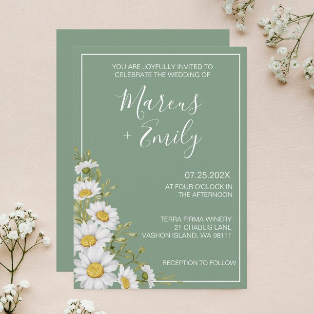 Pretty Basil Green & White Daisies Wedding  Invitation (Creator Uploaded)