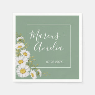 Pretty Basil Green & White Daisies Wedding Napkin