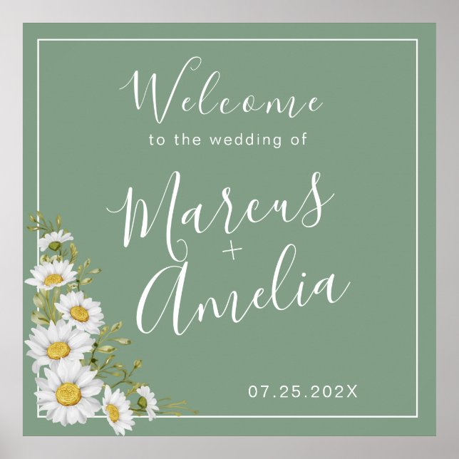 Pretty Basil Green & White Daisies Wedding  Poster (Front)