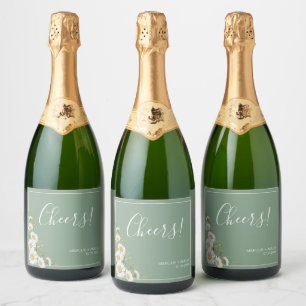 Pretty Basil Green & White Daisies Wedding Sparkling Wine Label