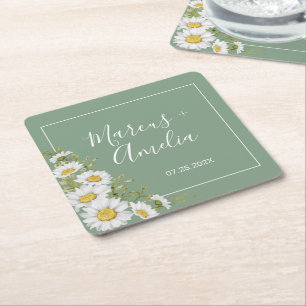 Pretty Basil Green & White Daisies Wedding Square  Paper Coaster