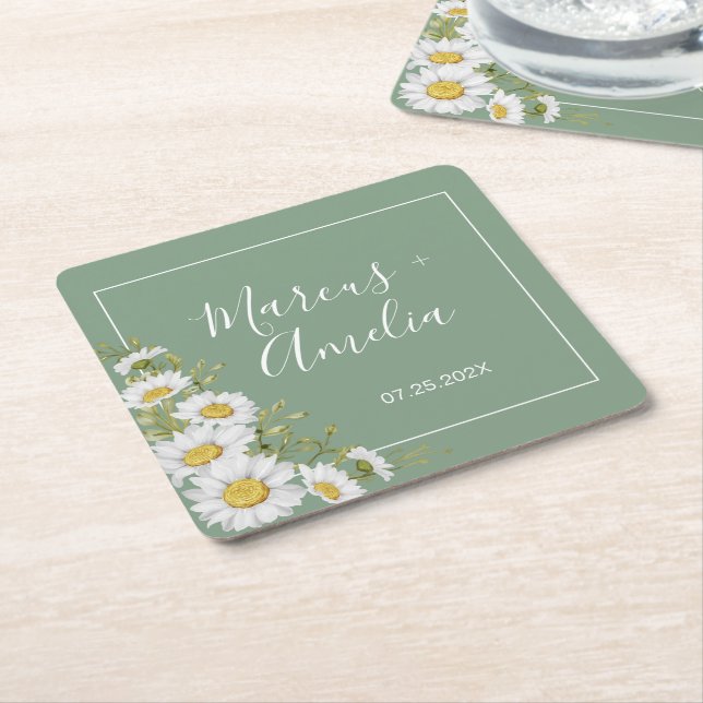 Pretty Basil Green & White Daisies Wedding Square  Paper Coaster (Angled)