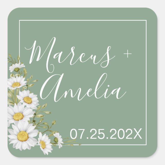 Pretty Basil Green & White Daisies Wedding  Square Sticker (Front)