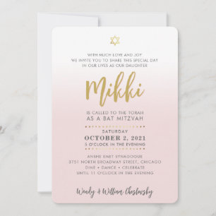 PRETTY Bat Mitzvah pale pink gold elegant script Invitation