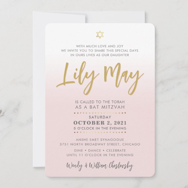 PRETTY Bat Mitzvah pale pink gold elegant script Invitation (Front)