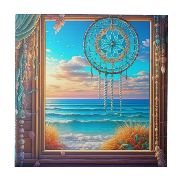 Pretty Beachy Dreamcatcher on Window  Ceramic Tile (Front)