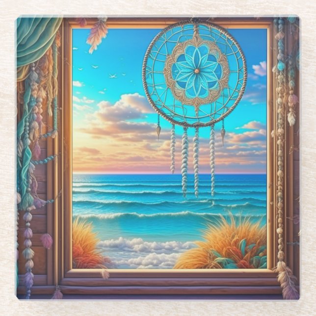 Pretty Beachy Dreamcatcher on Window  Glass Coaster (Front)