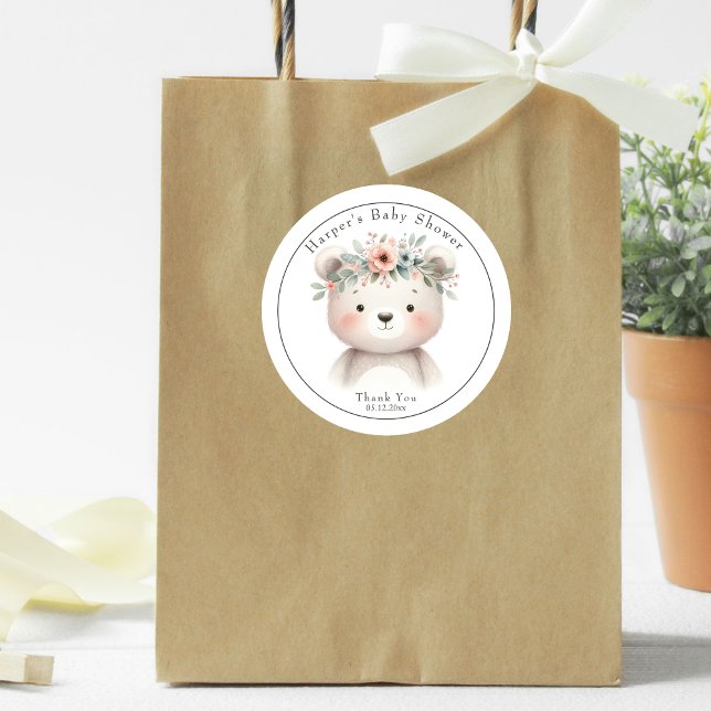 Pretty Bear Cub Baby Shower Thank You Favour  Classic Round Sticker (Creator Uploaded)