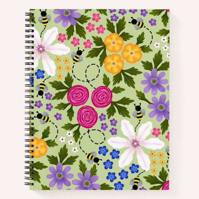 Pretty Bees and Buttercups Floral Spiral Notebook (Front)
