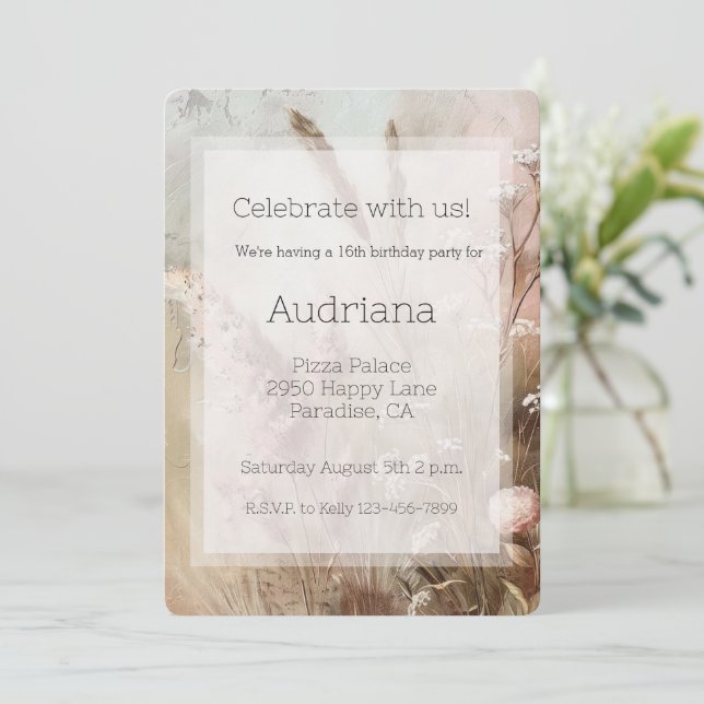 Pretty Beige Blush Boho Floral 16th Birthday Invitation (Standing Front)