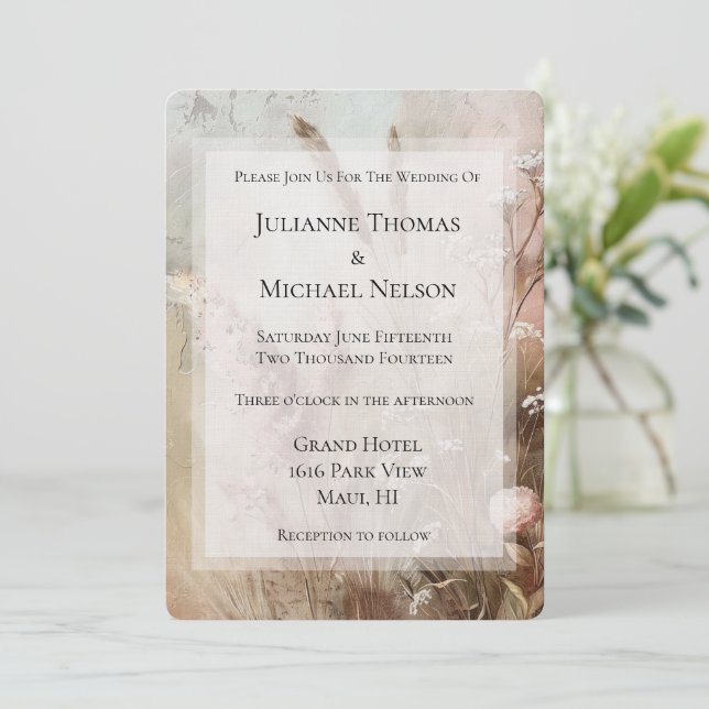 Pretty Beige Blush Boho Floral Wedding Invitation (Standing Front)