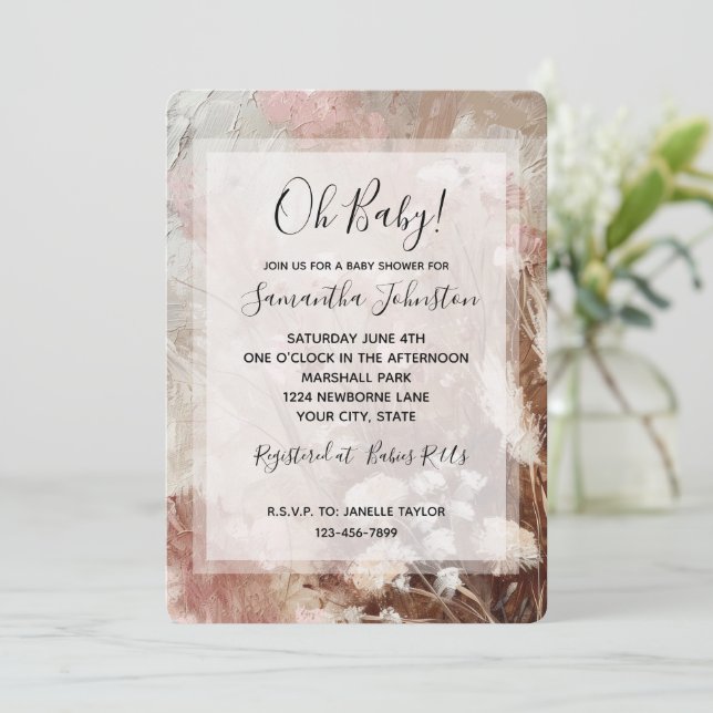 Pretty Beige Blush Pink Boho Floral Baby Shower Invitation (Standing Front)