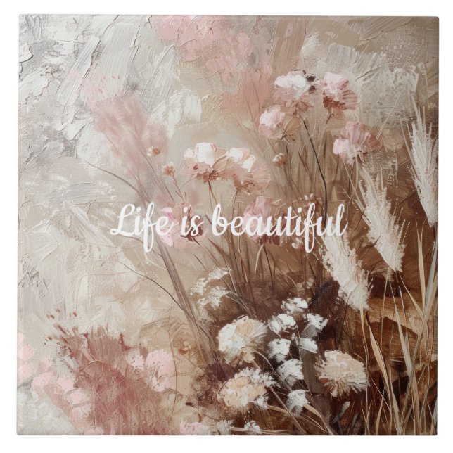 Pretty Beige Blush Pink Boho Floral  Ceramic Tile (Front)