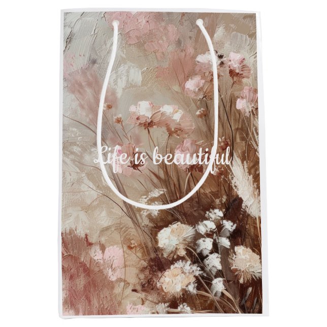 Pretty Beige Blush Pink Boho Floral  Medium Gift Bag (Front)