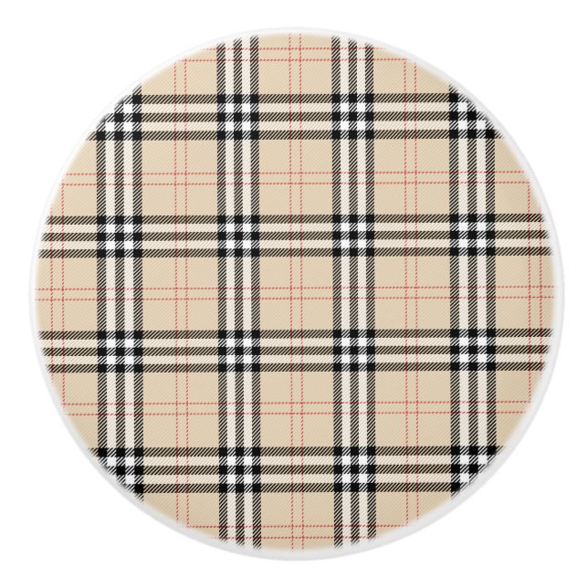 Pretty Beige Plaid Tartan Ceramic Knob (Front)