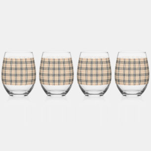 Pretty Beige Plaid Tartan Stemless Wine Glass