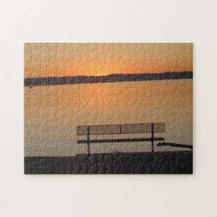 Pretty Bench at Sunset on the Mississippi River Jigsaw Puzzle