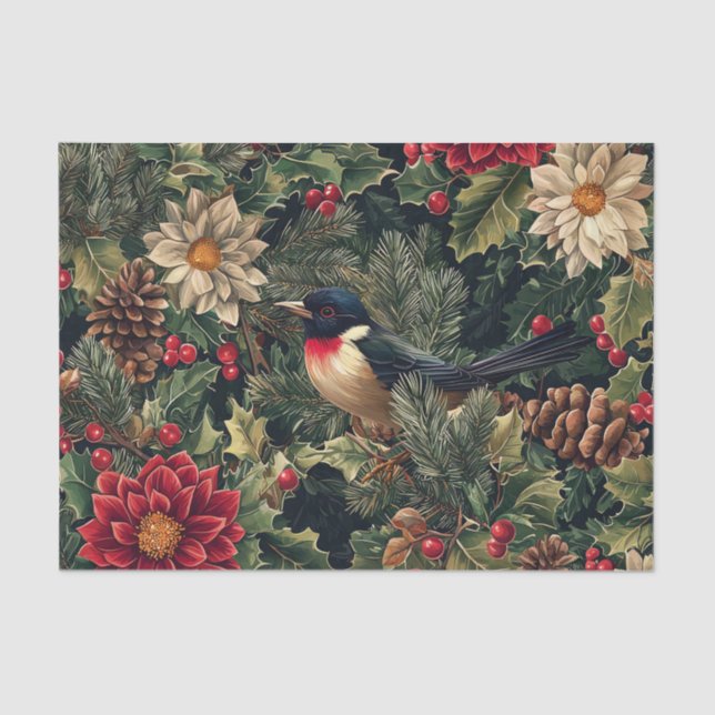 Pretty Bird on Pine Tree Branches with Flowers Tissue Paper (Front)