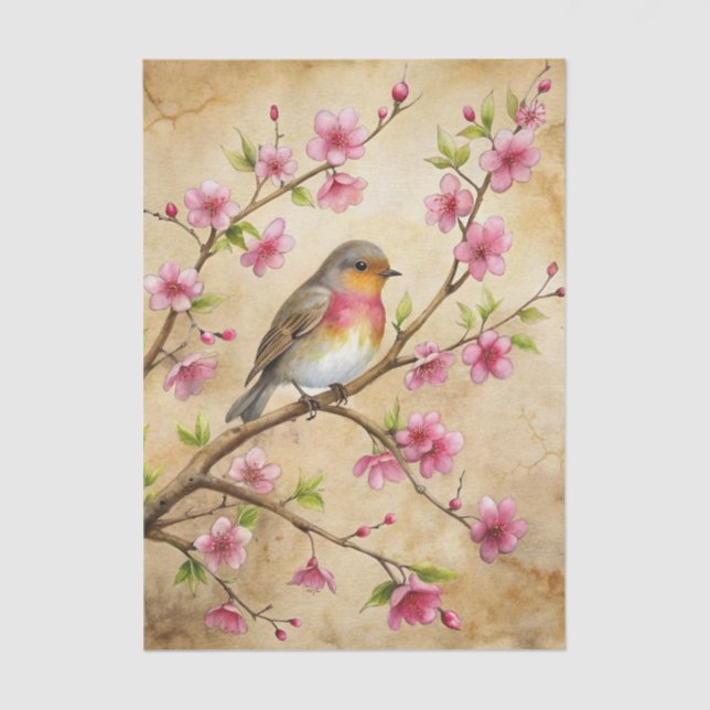 Pretty Bird Perched on Pink Floral Branch Tissue Paper (Front)