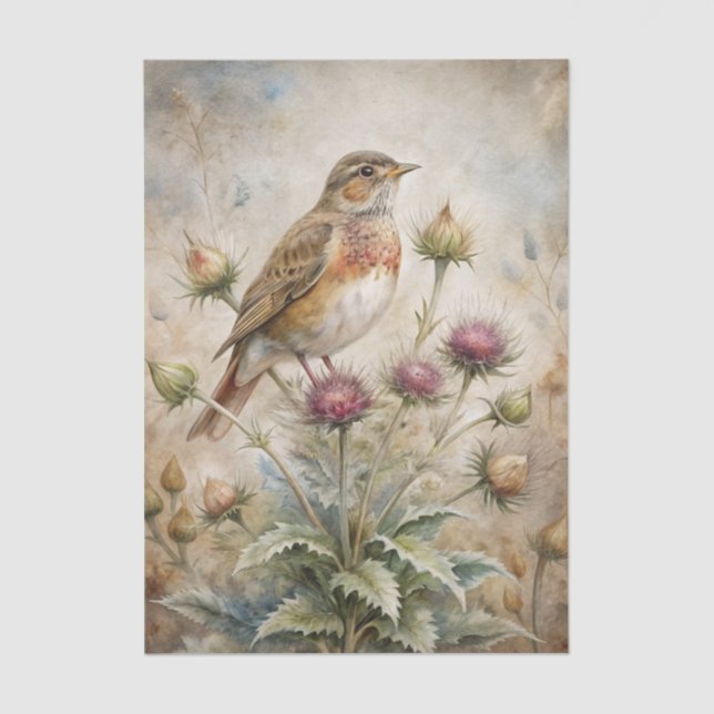 Pretty Bird Perched on Purple Thistle Flowers Tissue Paper (Front)